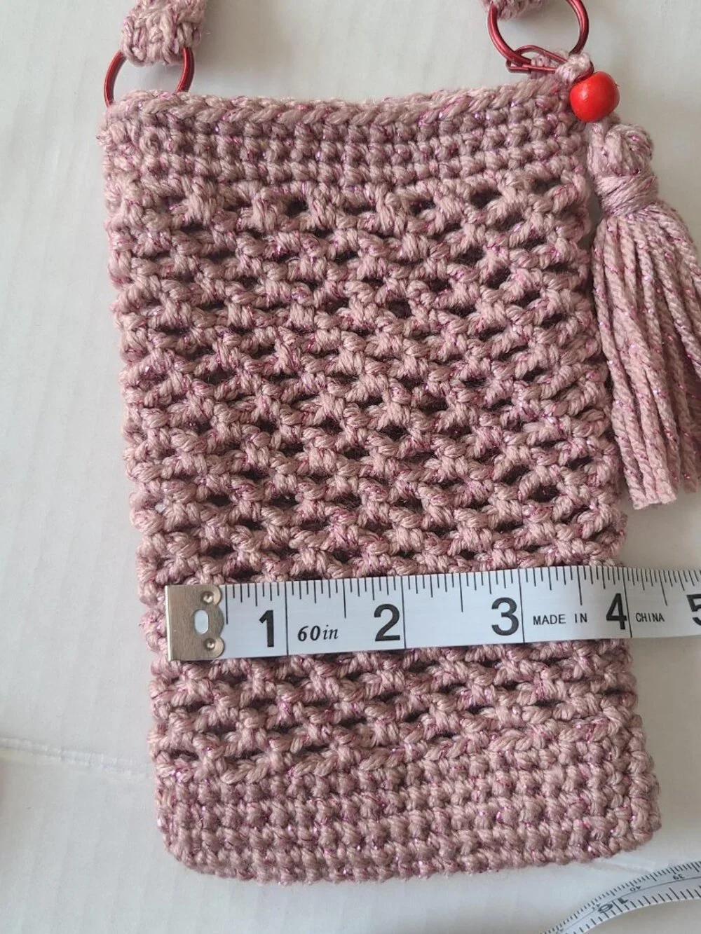 Handmade Hand Crochet Cell Phone Case Holder Crossbody Bag Dust Rose Charm